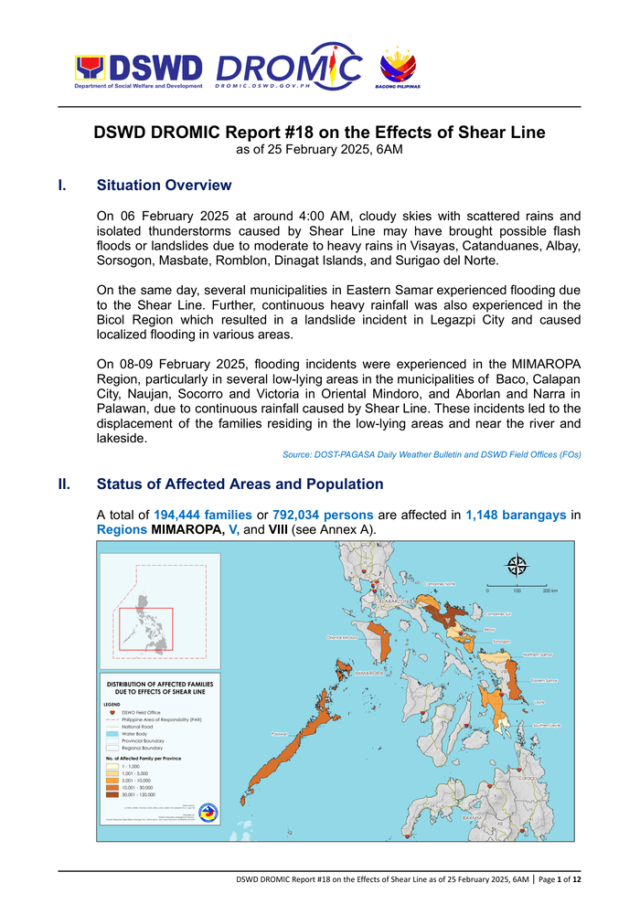 تقرير DSWD Dromic #18 على آثار خط القص اعتبارًا من 25 فبراير 2025 ، 6 صباحًا - الفلبين
