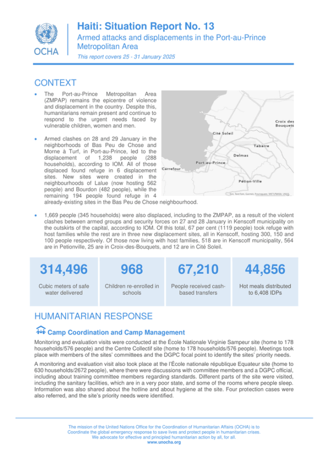 هايتي: الهجمات المسلحة والتشريد في منطقة الحضرية في بورت أو برنس - تقرير الموقف رقم 13 (25 - 31 يناير 2025) - هايتي
